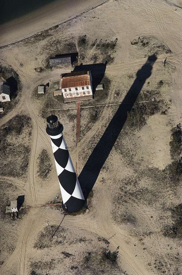 Photo:  aerial view of the Cape Lookout lighthouse and keepers' quarters